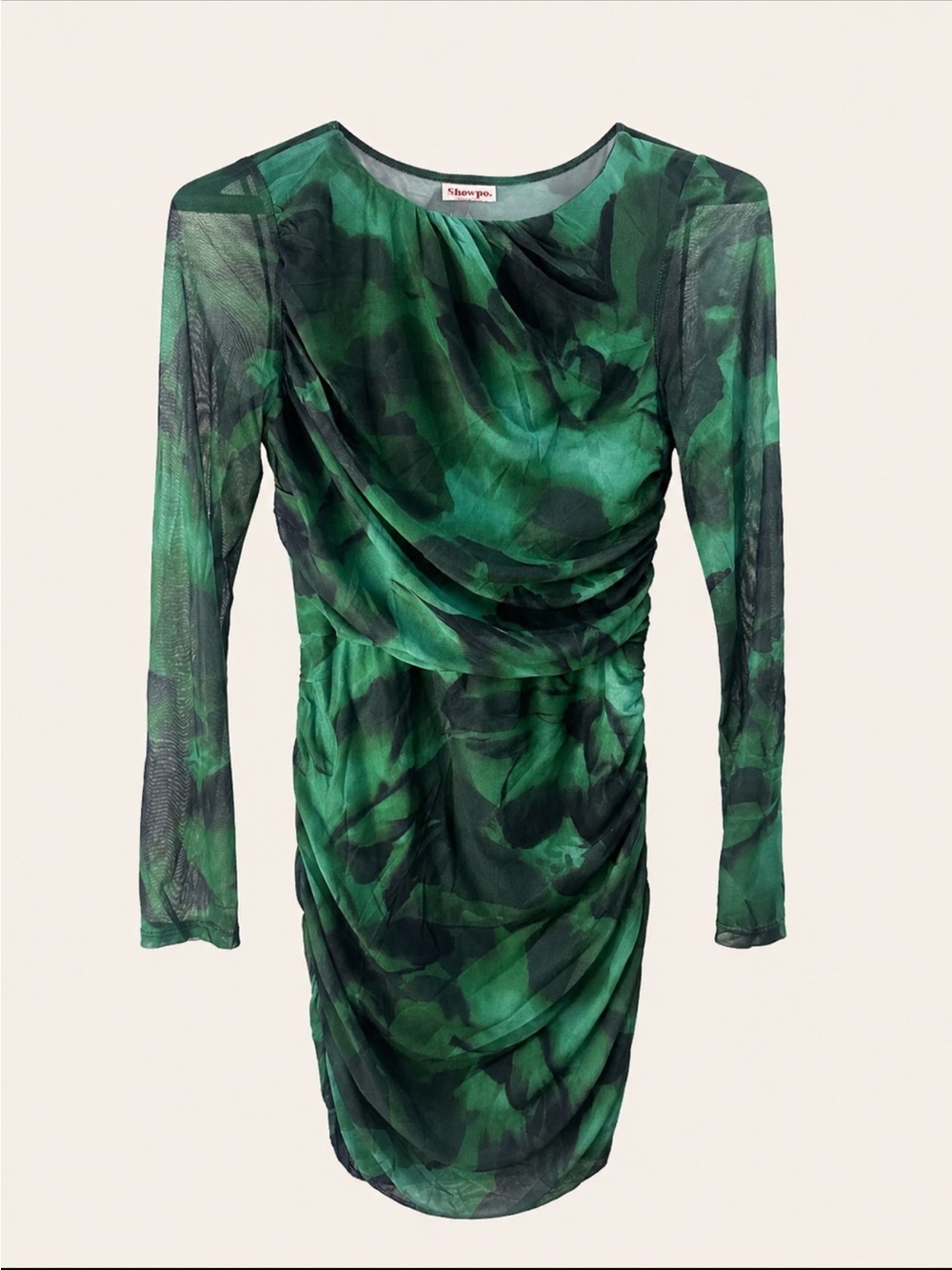 Showpo Green Mesh Ruched Bodycon Dress Long Sleeve Sheer Mini Size 12 (US)